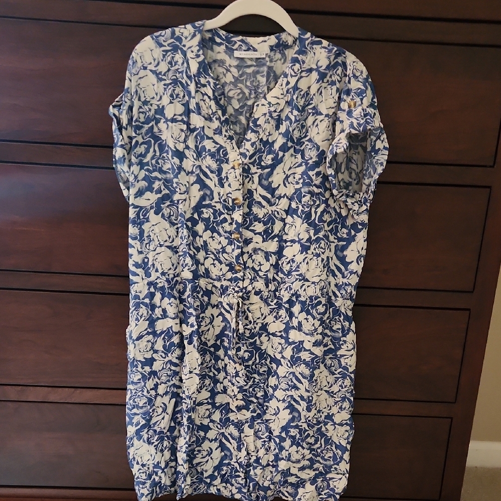 Staccato Blue and White Dolman Sleeve Midi Sundress.